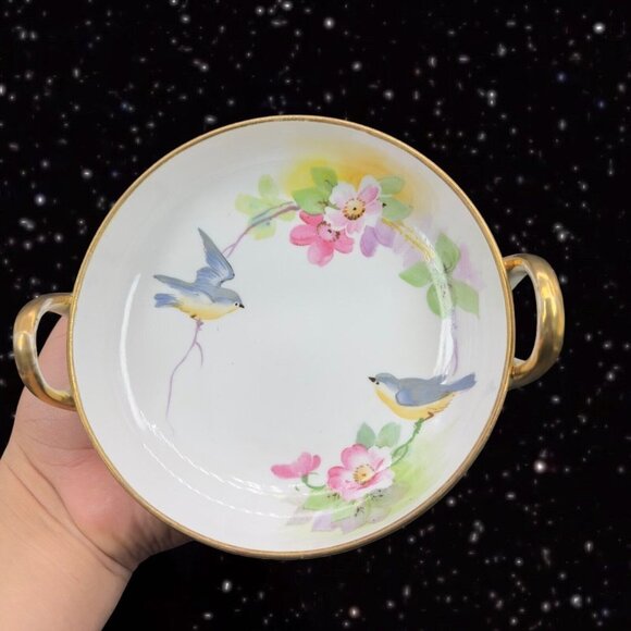 Hand Painted Nippon Fine Porcelain Dish Bowl Flower Bird Two Handled Vintage - Picture 1 of 14